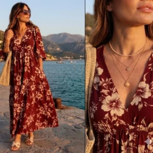 Burgundy outfit with cream and gold details party wear dress color combination for women