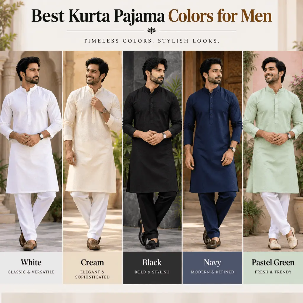Men wearing kurta pajama in white, cream, black, navy and pastel green colors