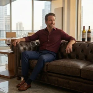 Burgundy shirt with navy trousers party wear outfit color combination for men