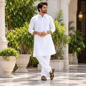 Man wearing a comfortable white cotton kurta pajama