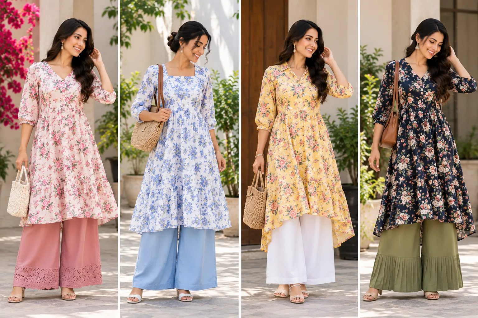Floral dress with white cotton pants