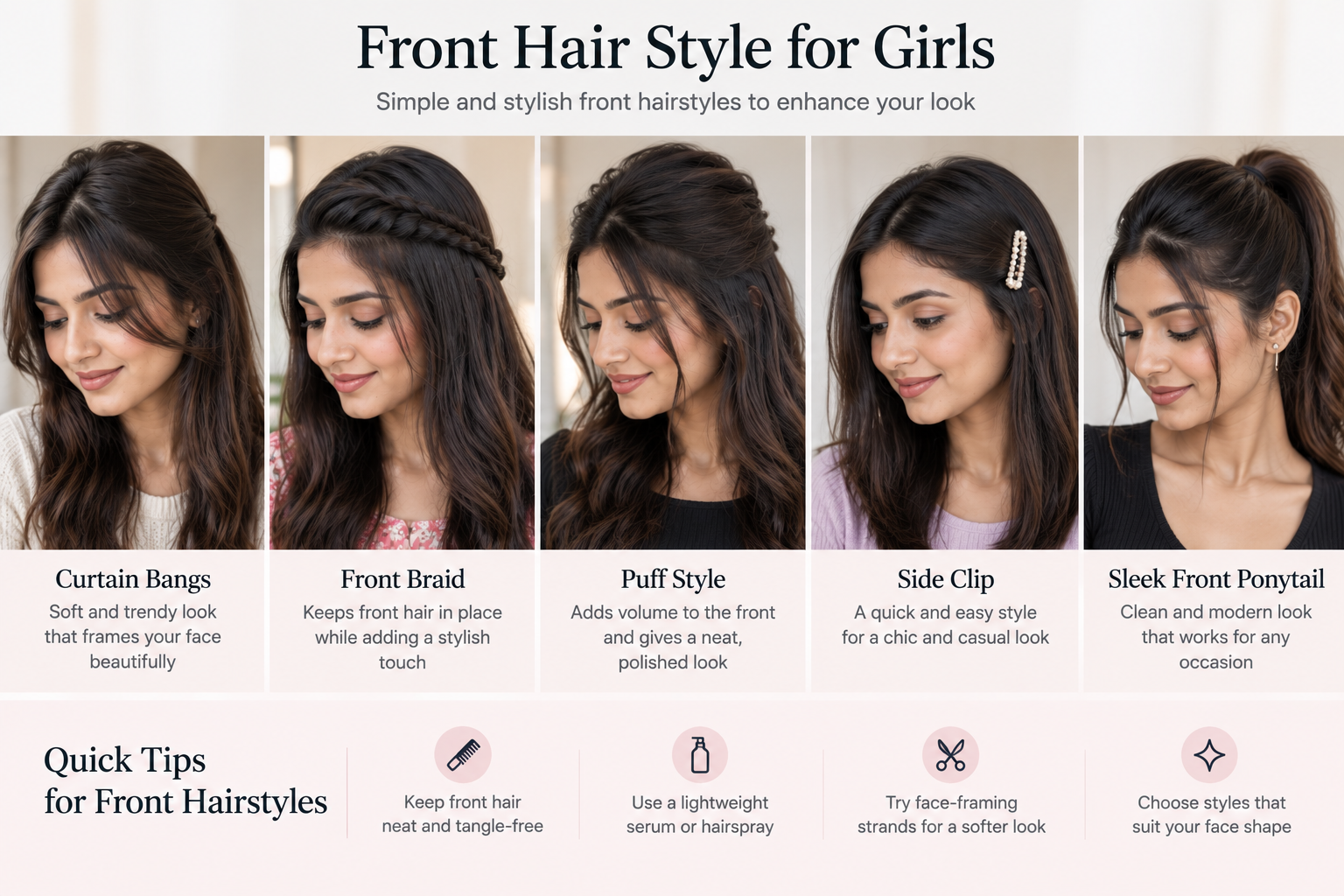 Front hair style for girls featuring curtain bangs, a front braid, puff style, side clip and sleek front ponytail