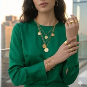 Emerald green outfit with gold jewellery attractive color combination for Indian skin
