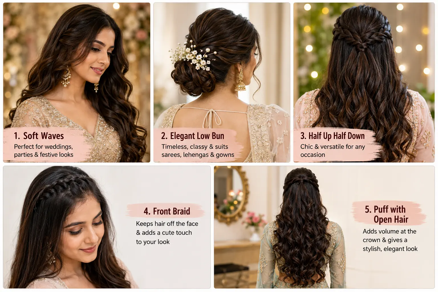 Best hairstyles for women featuring soft waves, an elegant low bun, half-up half-down hair, a front braid and a puff hairstyle with open hair