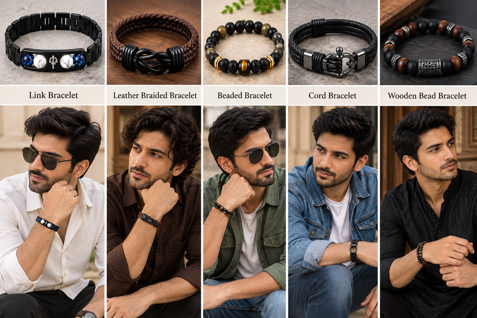 Men bracelets on different outfits