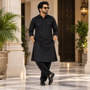 Man wearing a black Pathani style kurta pajama