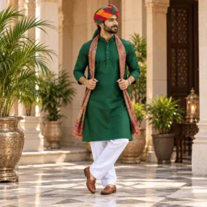 Man wearing a green Punjabi-inspired kurta with a colorful stole