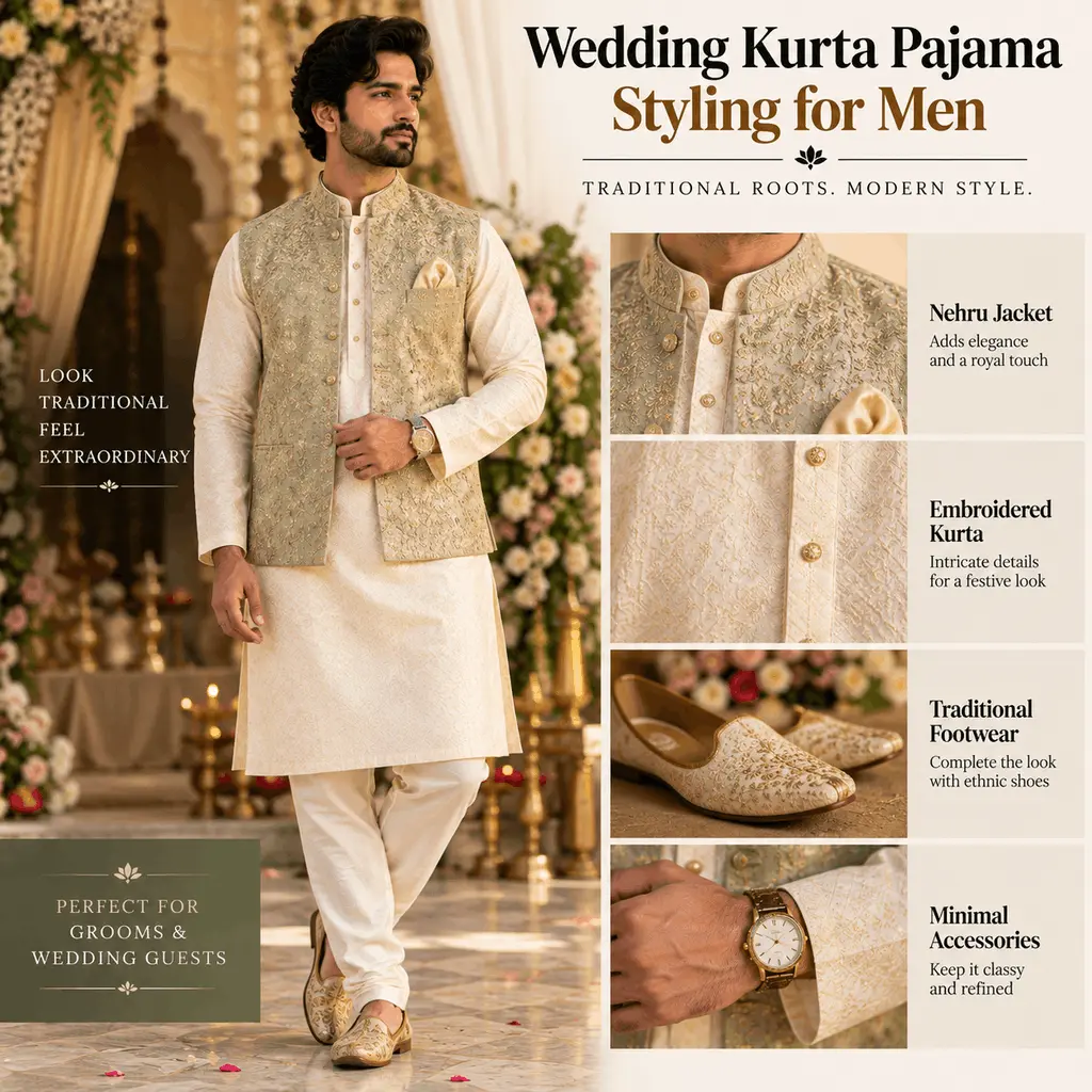 Indian groom wearing an embroidered kurta pajama with a Nehru jacket and traditional footwear