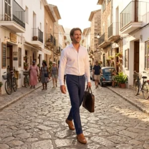 White shirt with navy trousers outfit color combination for men