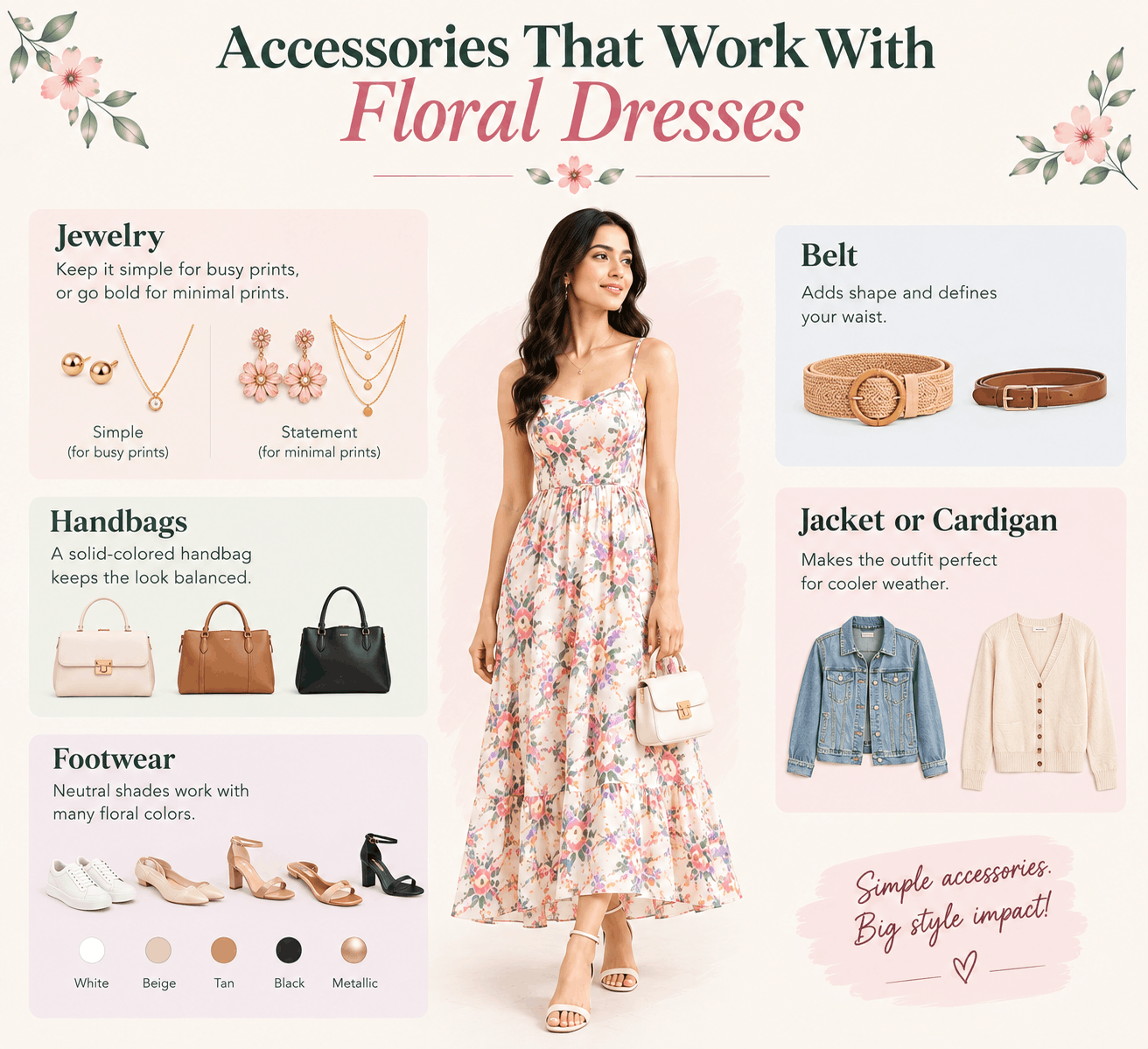 accessories that work with floral dresses