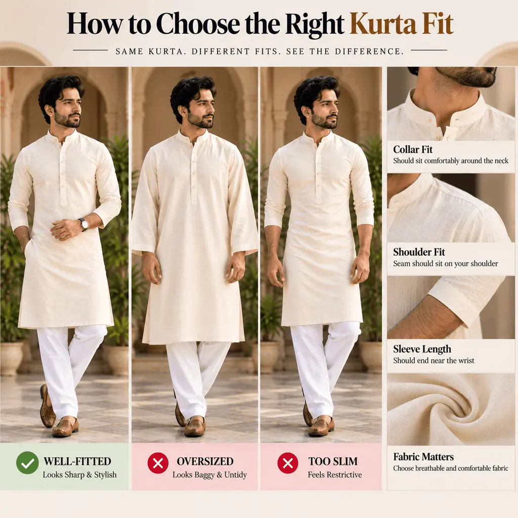 Men's kurta fit guide showing well-fitted, oversized and slim kurta styles