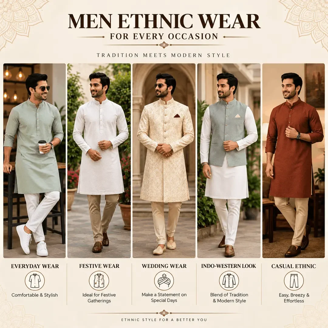 Men ethnic wear for everyday, festive, wedding and casual occasions