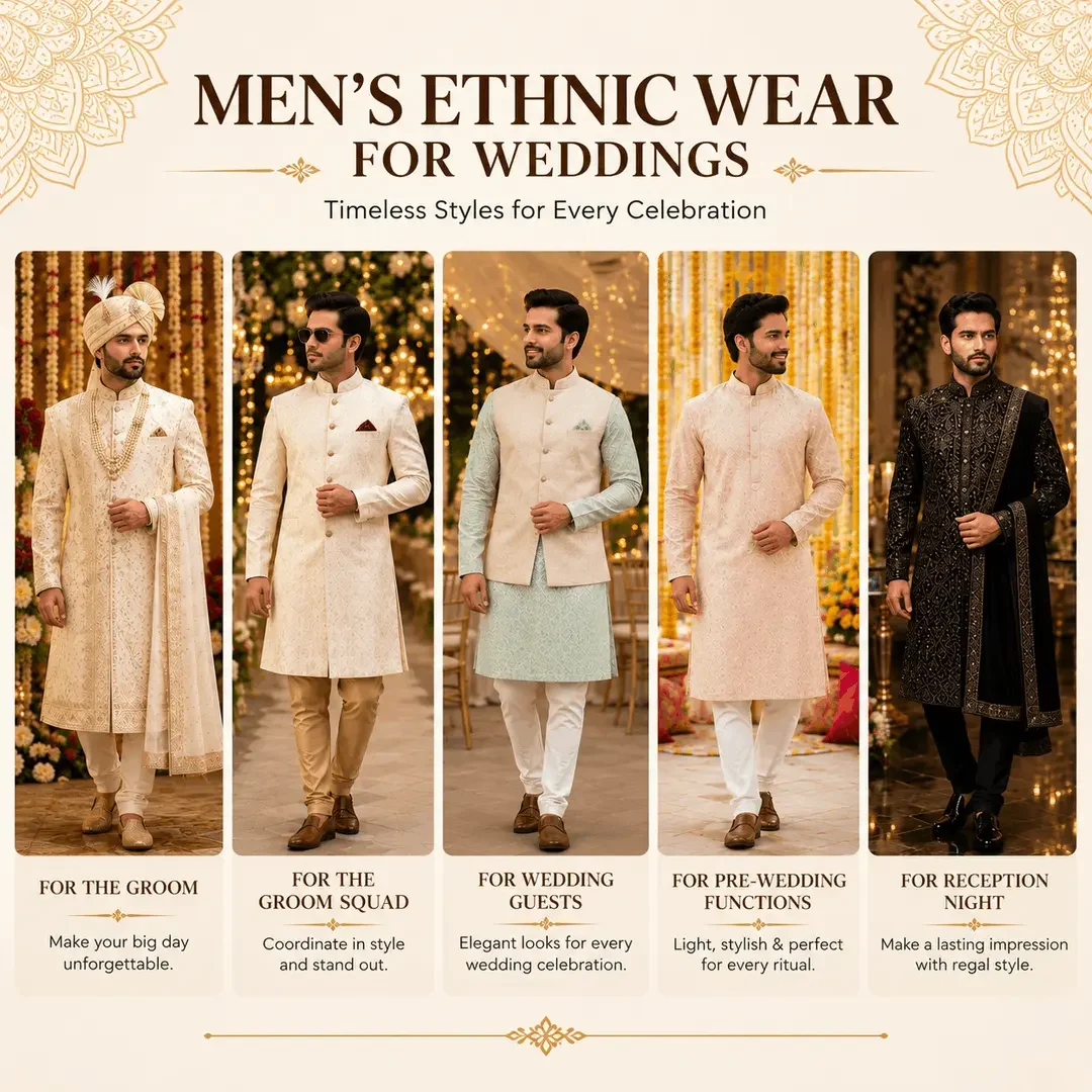 Mens ethnic wear for wedding including sherwani and traditional outfits