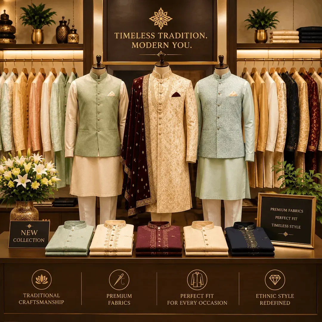 Men's traditional clothing collection with kurtas and sherwanis